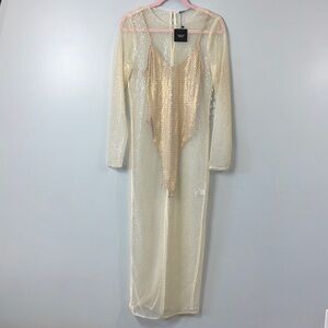 Zara Sheer Gold and Cream Long Sleeve Dress